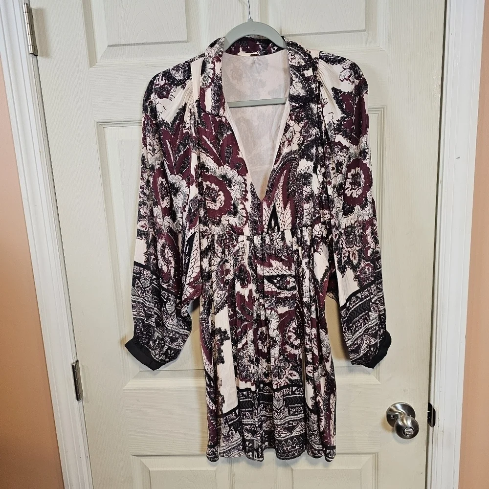 Free People Say You Love Me Mini Dress V-Neck Bohemian Ballon Sleeve Babydoll - Picture 3 of 7